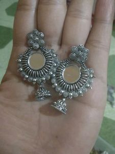 Oxidized Silver Mirror Jhumka Earrings