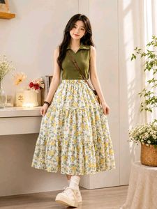 Olive Green Sleeveless Top & Floral Tiered skirt