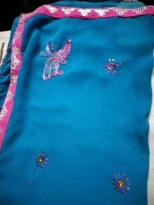 Blue &amp; Pink Embroidered Sari