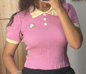 Cute Pink Daisy Knit Polo Top