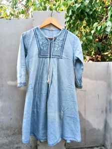 Vintage Light Wash Denim Kurti Dress with Embroide