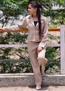Chic Beige Crop Jacket &amp; Wide Leg Pants Set