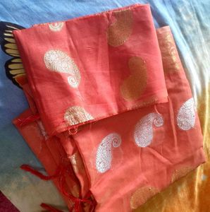 Elegant Coral Saree with Gold Border