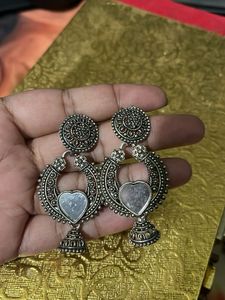 Oxidized Silver Heart Jhumka Earrings