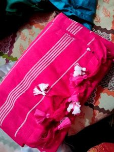 Vibrant Pink Striped pure cotton khadi Saree