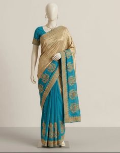 Exquisite Golden & Blue Embroidered Saree