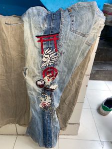 Embroidered Blue Denim Jeans