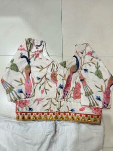 Embroidered Peacock Blouse &amp; White Skirt Set