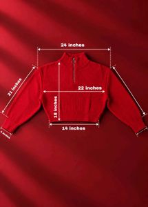 RED RIBBED HALF-ZIP CROPPED SWEATER