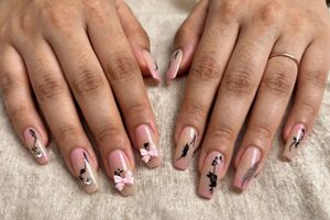 Pink Ombre Square Press-On Nails – Cute Bow &amp; Blac