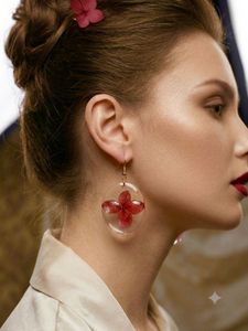 Dried Red Flower Oval Resin Earrings