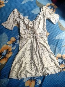 Cream polka dot puff sleeve dress