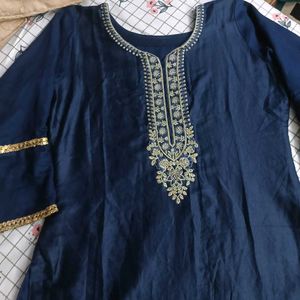 Navy Blue Kurti Set with Golden Embroidery