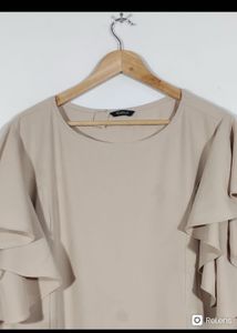 Chic Beige Ruffle Sleeve Dress