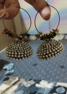 Boho Pearl & Rhinestone Jhumka Hoop Earrings