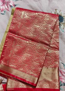 Elegant Cream &amp; Red Banarasi Silk Saree