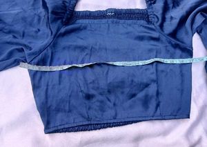 satin Navy Blue Square Neck Puff Sleeve Top