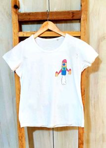 White T-Shirt with Rocket Graphic Size-30