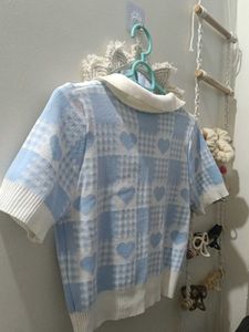 Cute Blue Plaid Heart Top