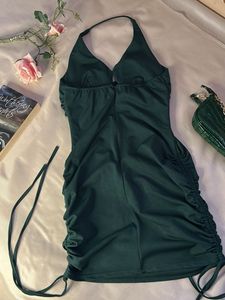 Elegant Green Ruched Halter Dress