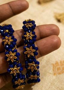 Blue Beaded Bangles with Gold Accents (2.6)