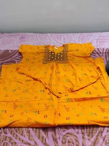 Yellow Printed Nightgown with Embellished Neckline