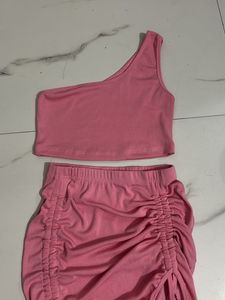 Pink One-Shoulder Ruched Mini Dress Set