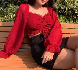 Chic Red Smocked Crop Top