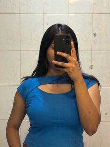 Blue Ribbed Cutout Top
