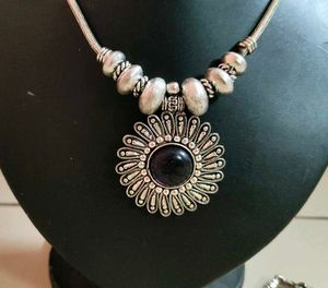 boho Silver Necklace with Purple Stone