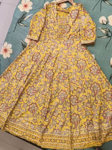 Mustard Yellow Printed Anarkali Kurta with Sequina