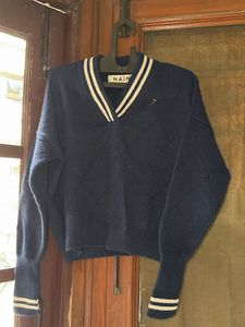 Navy Blue Striped V-Neck Sweater