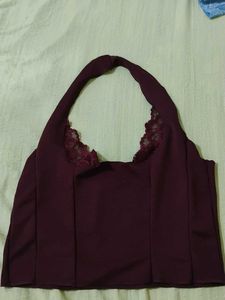 Burgundy Halter Neck Lace Trim Crop Top