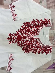 White short Kurti with Red Floral Embroidery