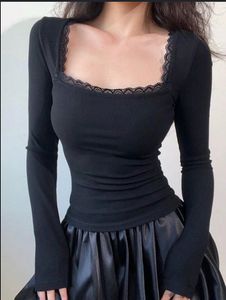 Black Lace ribbed long sleeve top sqaure neck