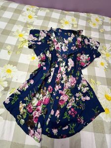 Navy Floral Print Button-Up Top