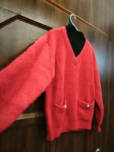 Cozy Red V-Neck Sweater with Pockets