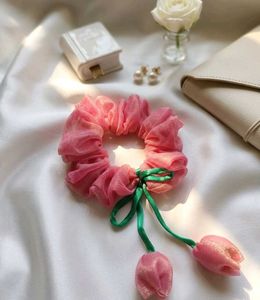 handmade XXL Cute Pink Scrunchie with Tulip Charms