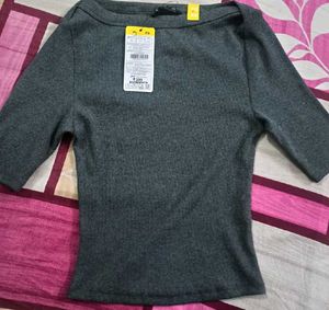 zudio Grey Ribbed Boat Neck Top
