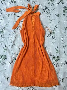 Orange Pleated Halter Neck Dress