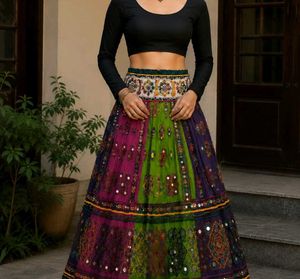 Bohemian Patchwork Mirror Work Lehenga Skirt