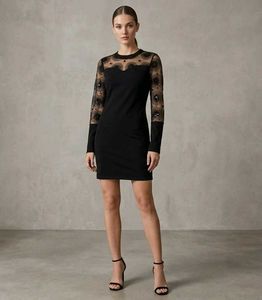 Black mini dress with sheer, embroidery long sleev