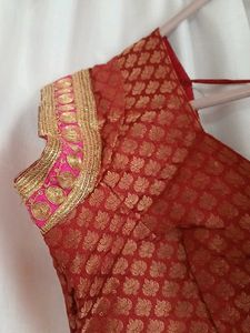 Red Brocade Blouse with Embellished Neckline