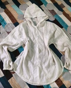 White Hooded Button-Down Tunic Top