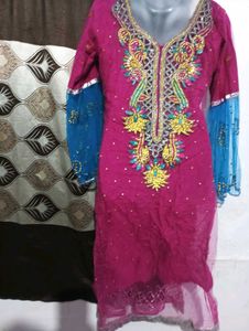 beautiful dark pink and blue kurti with duppatta a