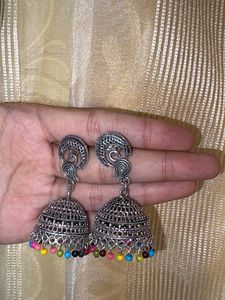 Boho Jhumka Earrings with Multicolor Beads