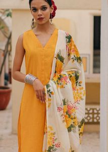 Elegant Yellow Kurta Set with Floral Dupatta