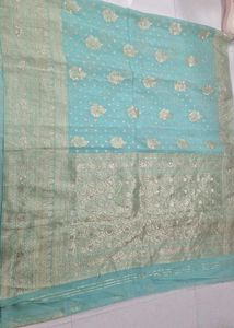 Elegant aqua cotton jari saree