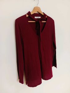 Chic Maroon Long Sleeve Tie Neck Top