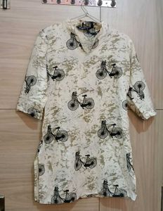 Cream Bicycle Print Kurta